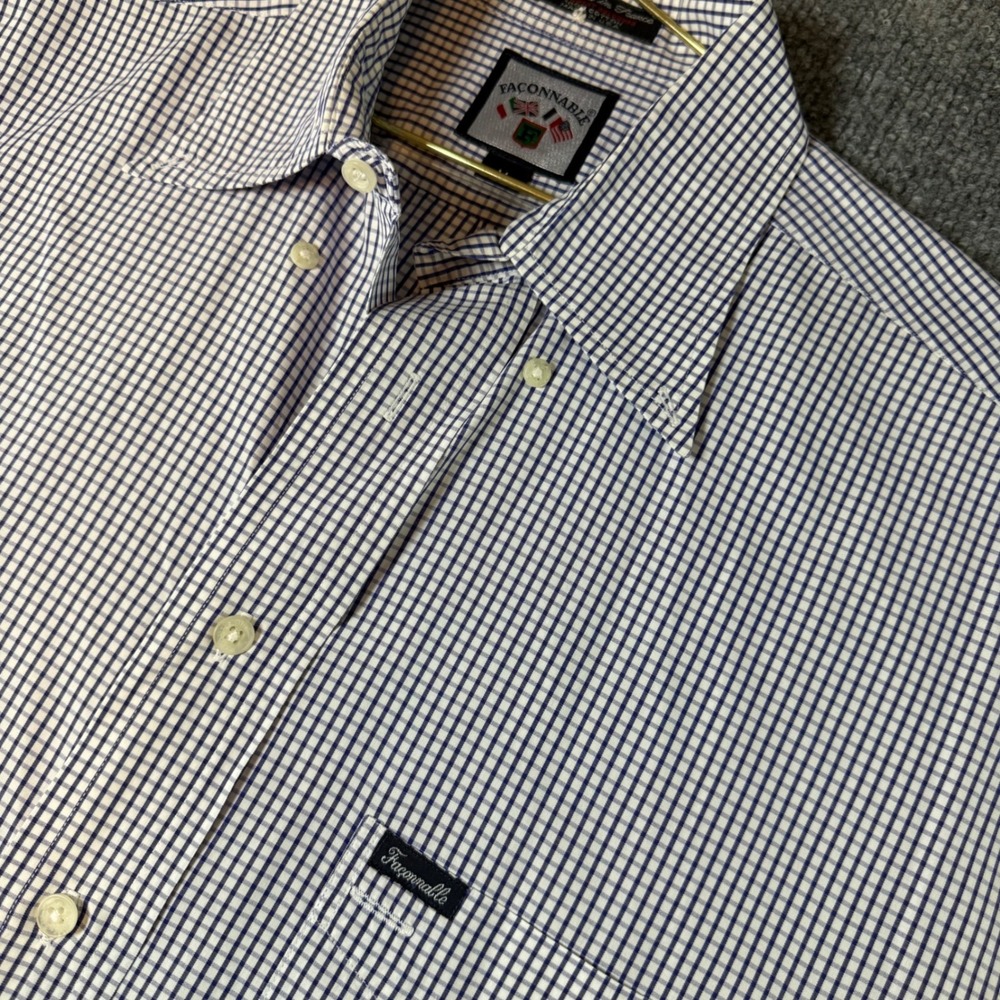 Faconnable Mens M Blue White Micro Check Button Down Shirt Albert Goldberg USA